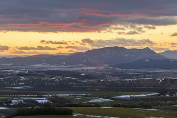 Turiec region with view of Mala Fatra mountain range in winter.

