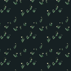 Hand drawn cartoon snowdrops, spring pattern, dark background, vector illustration