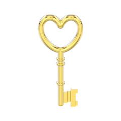 3D illustration isolated yellow gold decorative key in the form of a heart