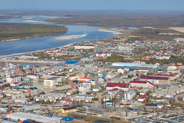 Fototapeta na wymiar Top view of the Tarko-sale town, Yamalo-Nenets Autonomous Okrug
