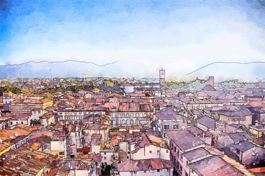 watercolor style, Italy, Lucca