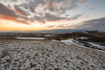 Turiec region with view of Mala Fatra mountain range in winter.
