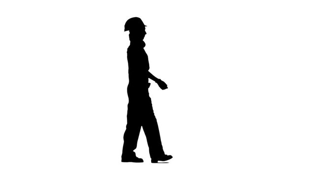 Girl is walking in a helmet to work. Silhouette. White background. Side view