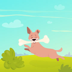 Happy jumping dog with a big bone on a sunny day in the park. Cute running puppy on the grass. Friendly terrier flying high on summer landscape background. Play time concept. Cartoon vector poster.