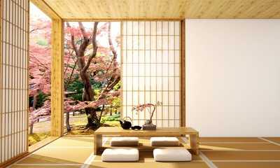 interior design,modern living room with table,wood floor and tatami mat and traditional japanese door on best window view ,was designed specifically in Japanese style, 3d illustration, 3d rendering - obrazy, fototapety, plakaty