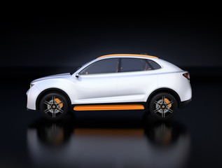 Side view of white Electric SUV concept car isolated on black background. 3D rendering image. 