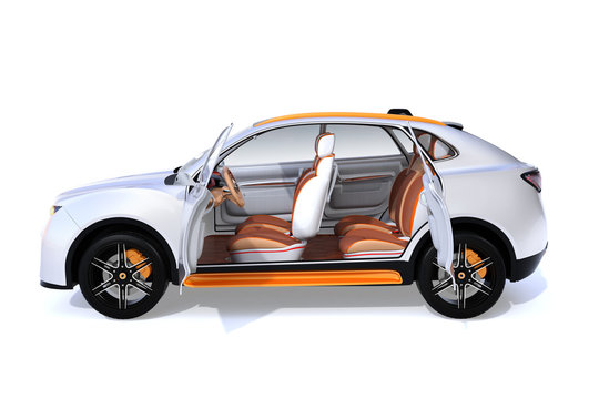 Side view of white Electric SUV concept car isolated on white background. 3D rendering image. 