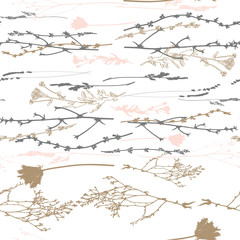 Meadow grasses, herbs and flowers outlines vector seamless pattern.