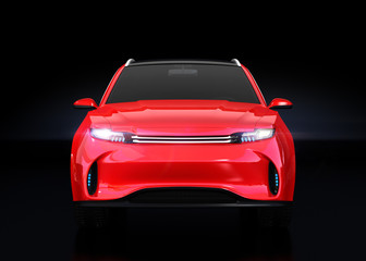 Front view of metallic red Electric SUV concept car isolated on black background. 3D rendering image. 