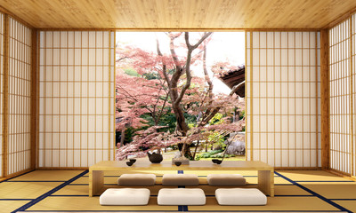 Fototapety  wystrój wnętrz, nowoczesny salon ze stołem, drewnianą podłogą i matą tatami oraz tradycyjnymi japońskimi drzwiami na najlepszym widoku z okna, został zaprojektowany specjalnie w stylu japońskim, ilustracja 3d, renderowanie 3d