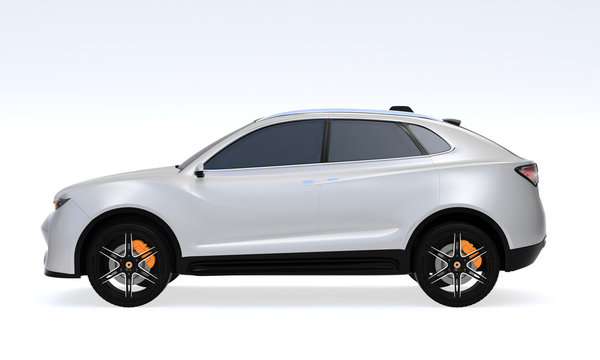 Side view of white Electric SUV concept car isolated on light gray background. 3D rendering image. 