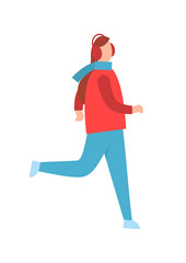 Woman in Earphones Running in Warm Winter Cloth