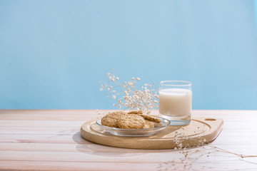Dairy products. Pastry organic breakfast with milk and cookies.