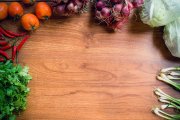 Top view of Vegetables on wooden background. copy space, 