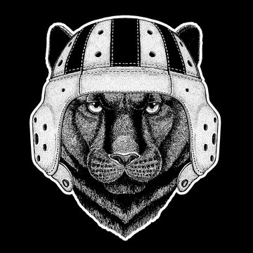 Rugby player. Panther Puma Cougar Wild cat Hand drawn image for tattoo, emblem, badge, logo, patch, t-shirt