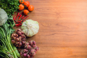 Top view of Vegetables on wooden with copy space