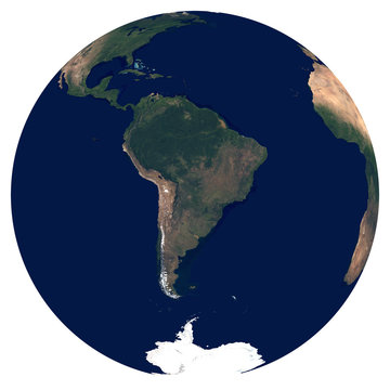 Earth from space. Large satellite image of planet Earth. Photo of globe. Isolated physical map of South America (Brazil, Colombia, Argentina, Peru, Chile). Elements of this image furnished by NASA.