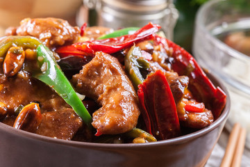 Homemade Kung Pao chicken with peppers and vegetables