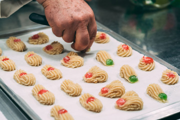 Making of delicious italian almond pastries from Puglia region