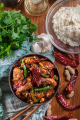 Homemade Kung Pao chicken with peppers and vegetables