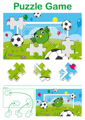 Kids puzzle with a cute bird soccer goalkeeper