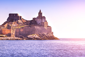 Fototapeta na wymiar View from the sea to Doria Castle, Portovenere, Italy