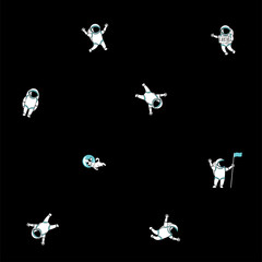 Cute funny cosmonaut astronaut spaceman characters exploring outer space with dog seamless abstract background cartoon pattern for wallpaper, textile, prints. Flat line design. Vector illustration.