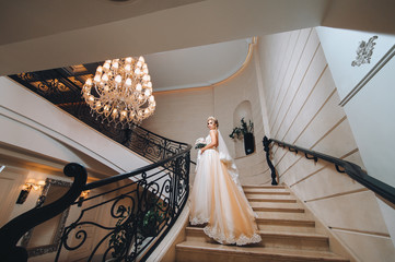 A beautiful bride in a dress with a long train is standing on the stairs. The wedding dress is...