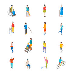 Fototapeta na wymiar Isometric Disabled People Characters Icon Set. Vector
