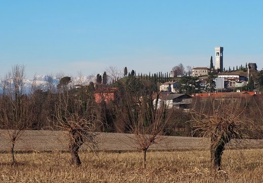 Townscape of the village of Fagagna in Friuli, autonomous region of Italy in a winter scenery