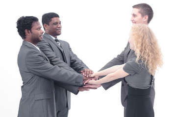 business team shows its unity with hands clasped together.