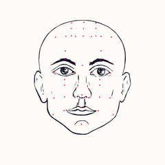 Face (profile) acupuncture scheme with red points, hand drawn doodle, sketch in pop art style, black and white medical vector illustration