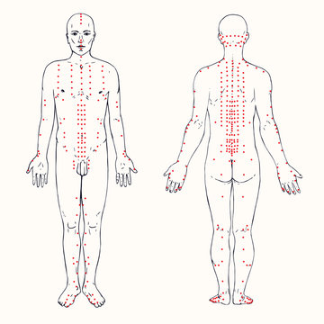 Body set (front and back) acupuncture scheme with red points, hand drawn doodle, sketch in pop art style, black and white medical vector illustration