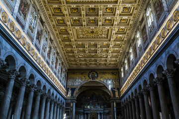 St. Paul’s Cathedral interior in Rome.  Marble columns and ornate ceiling of St. Paul’s Cathedral in Rome, Italy. 