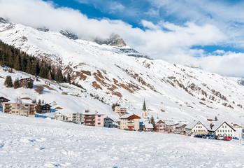 View of Realp in winter, is a Small Village close to the larger ski area of Andermatt in canton Uri, Switzerland