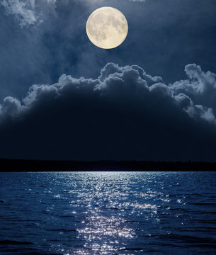 moon over clouds and river with reflections