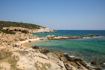 Fototapeta na wymiar Beautiful Tigania beach on Greek peninsula Sithonia, part of larger peninsula Chalkidiki