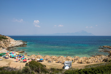 Fototapeta na wymiar Beautiful Tigania beach on Greek peninsula Sithonia, part of larger peninsula Chalkidiki