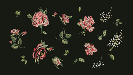 Floral Red Pink Roses Embroidery Set. Raster illustration