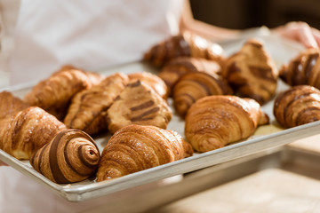 cropped shot of baker holding tray with fresh croissants on baking manufacture