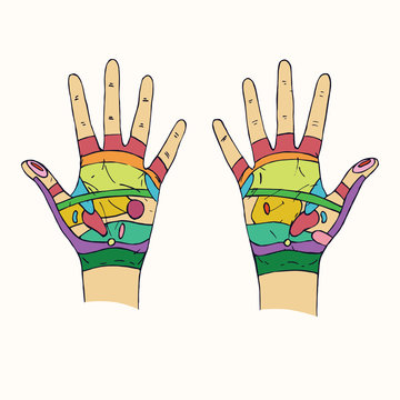 Hand reflexology scheme with colorful zones, hand drawn doodle, sketch in pop art style, color medical vector illustration