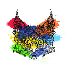 Ornament face of cat in line art style, vector illustration isolated on white background, color paint
