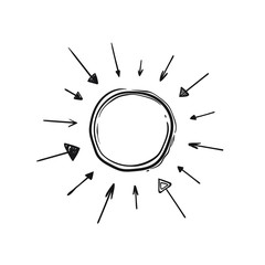 Line art hand drawn marked place with circle and arrows, vector black and white illustration isolated on white background