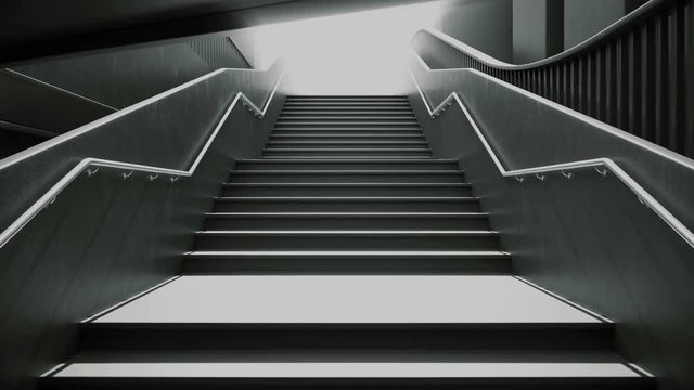 Climbing the black stairs to white light. Ambitions concept.

Slow motion on a street staircase. 4k resolution 3D rendering. 
