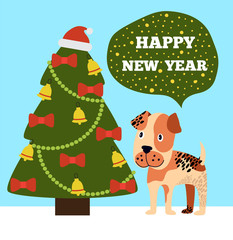 Obraz na płótnie Canvas Happy New Year Greeting Card Cartoon Grey Spot Dog