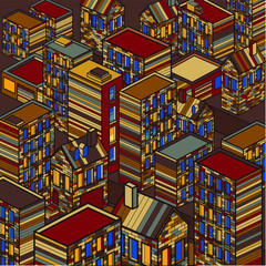 Fototapeta na wymiar Isometric city in not real color, vector cartoon isometric line art illustration, buildings, houses and streets