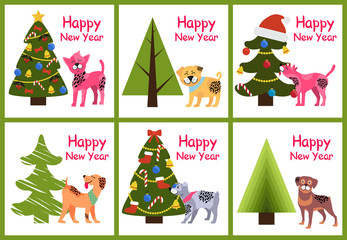 Happy New Year Posters Set Christmas Trees Puppies