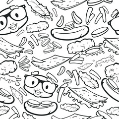 Repeat pattern with cartoon fast food in black and white lines colors, vector illustration isolated on white background
