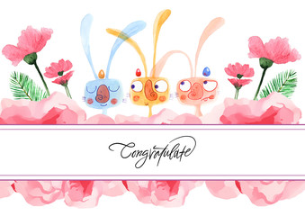 watercolor Easter design with cute banny and text, hand drawn illustration on white background
