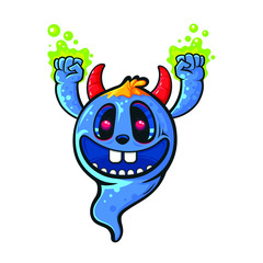 Funny and cute ghost character with horns and lighting hands, vector cartoon illustration isolated on white background, line art graffiti hand drawn illustration, print or poster
